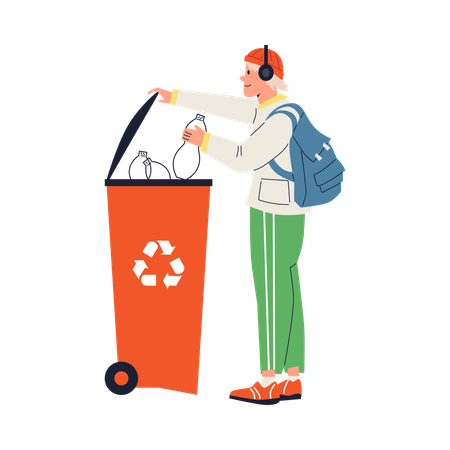 Hombre poniendo basura en un contenedor para reciclar  Ilustración