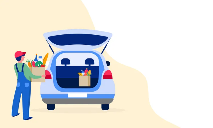 Hombre poniendo una bolsa de comestibles en el coche  Ilustración