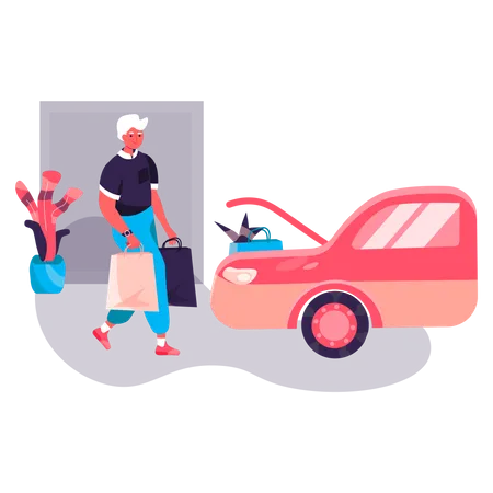 Hombre poniendo bolsa de compras en el coche  Ilustración