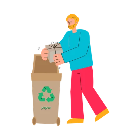 Hombre poniendo caja de regalo de cartón en la papelera de reciclaje de papel  Ilustración