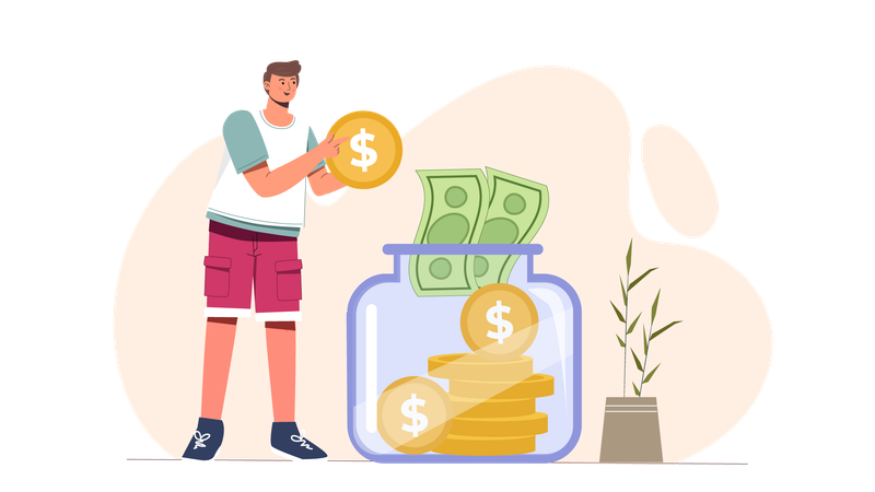 Hombre poniendo dinero en un tarro de dinero  Ilustración