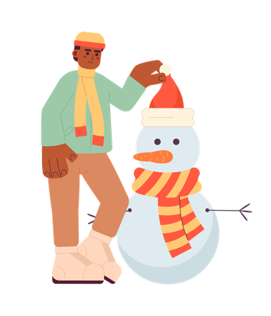 Hombre poniendo gorro de Papá Noel en la cabeza de muñeco de nieve  Ilustración