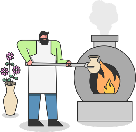 Hombre poniendo vasija de barro en el quemador de fuego  Ilustración