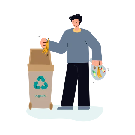 Hombre poniendo residuos de comida reciclados en un cubo de basura  Ilustración