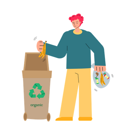 Hombre poniendo residuos orgánicos en un contenedor  Ilustración