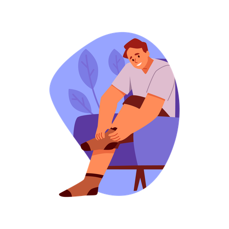 Hombre poniéndose calcetines mientras está sentado en una silla  Ilustración
