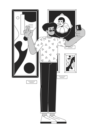 Hombre posando para selfie contra pinturas famosas  Ilustración