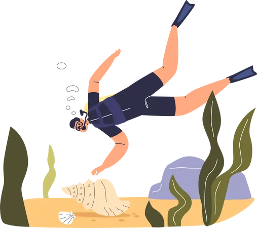 El hombre practica buceo en vacaciones de verano en el mar  Ilustración