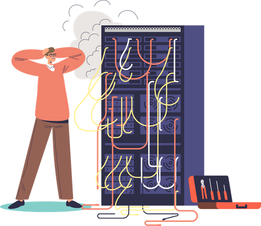 Hombre preocupado administrador de sistemas mira el servidor de la computadora en llamas  Ilustración