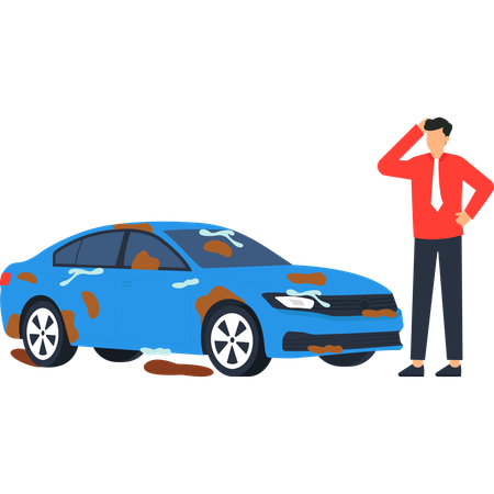 Hombre preocupado mirando un coche sucio  Ilustración