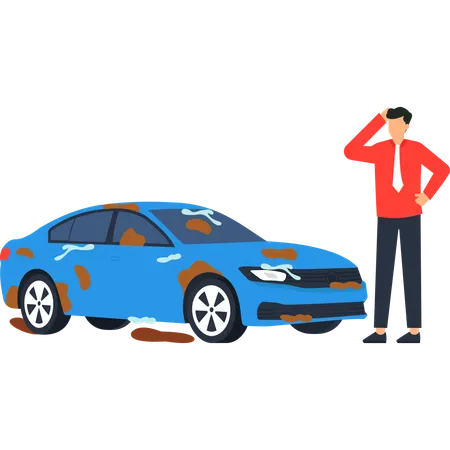 Hombre preocupado mirando un coche sucio  Ilustración