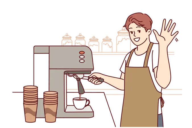 El hombre prepara café en la máquina expendedora  Ilustración