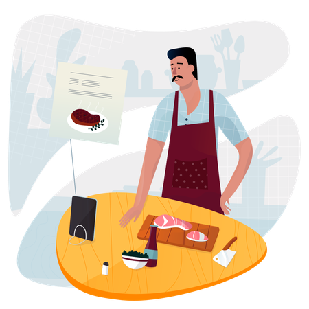 Hombre preparando bistec para la cena  Ilustración