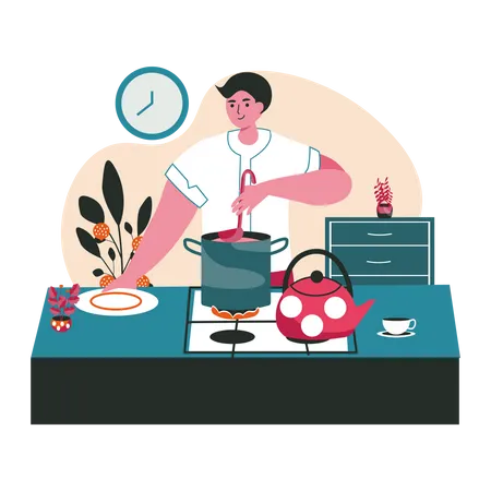 Hombre preparando comida casera en la cocina  Ilustración