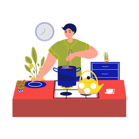 Hombre preparando comida casera en la cocina  Ilustración