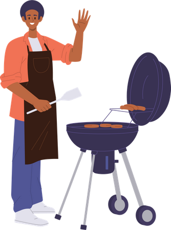 Hombre preparando carne de bistec a la parrilla en la parrilla  Ilustración