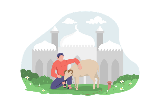 Hombre preparando una cabra para la celebración de Eid Al Adha  Ilustración
