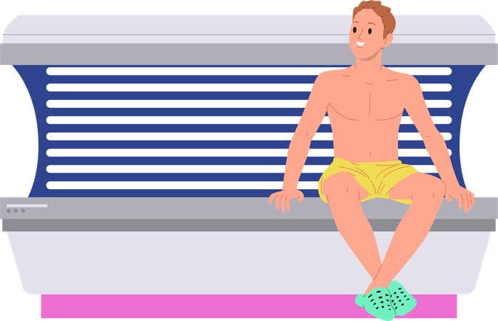 Hombre preparándose para broncearse en una máquina de luz ultravioleta artificial  Ilustración