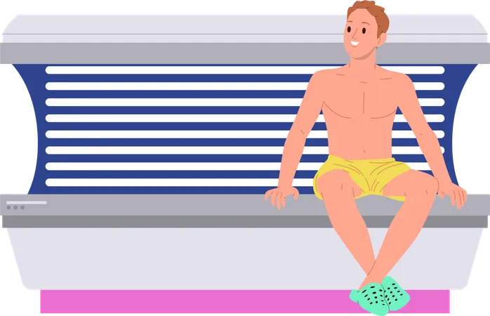 Hombre preparándose para broncearse en una máquina de luz ultravioleta artificial  Ilustración