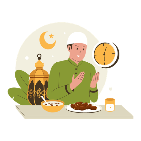 Hombre preparándose para el iftar con comida tradicional  Illustration