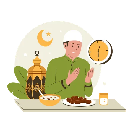 Hombre preparándose para el iftar con comida tradicional  Illustration