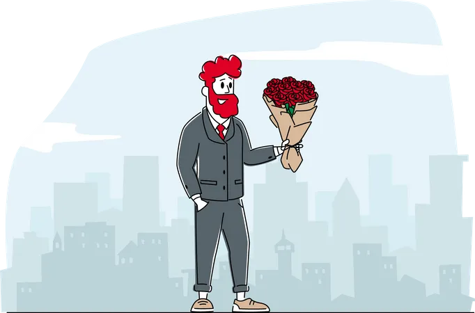 El hombre prepara el ramo de flores para regalar a su novia  Ilustración