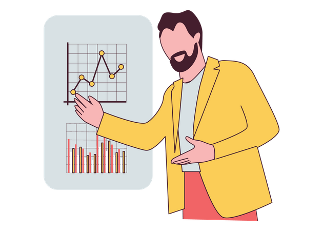 Hombre que presenta el gráfico de análisis de datos  Ilustración