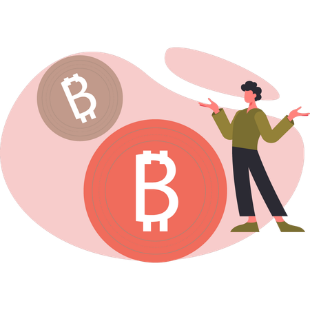 Hombre presentando bitcoin  Ilustración