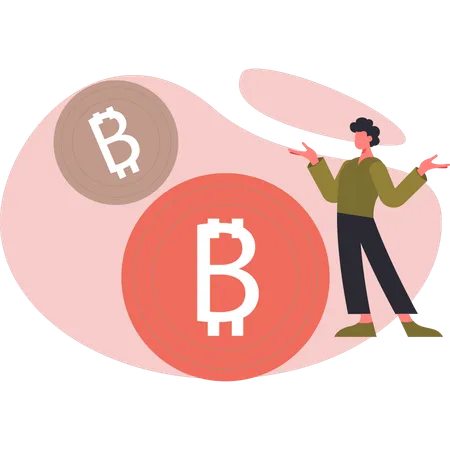 Hombre presentando bitcoin  Ilustración