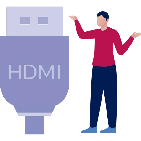 Hombre presentando cable de datos HDMI  Ilustración