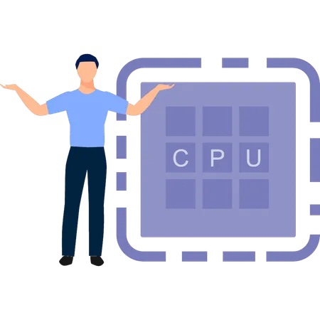 Hombre presentando el chip del procesador de la CPU  Ilustración