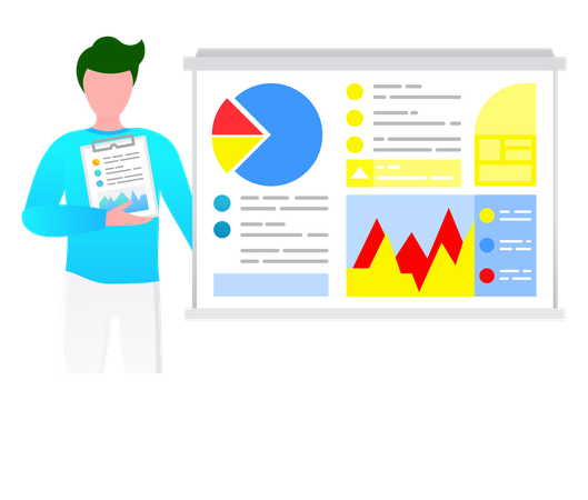 Hombre presentando un diagrama de análisis de negocios  Ilustración