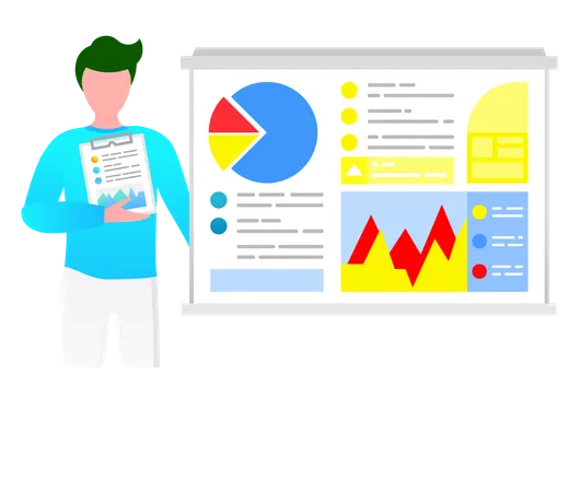 Hombre presentando un diagrama de análisis de negocios  Ilustración