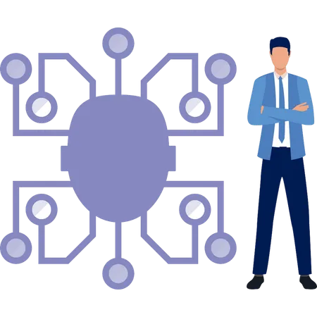 Hombre presentando inteligencia artificial humana.  Ilustración