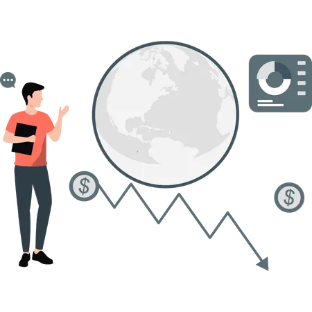 Hombre que presenta el tipo de cambio del dólar mundial  Ilustración