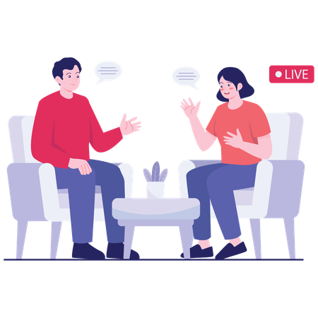 Hombre presentando un programa de entrevistas en vivo  Ilustración