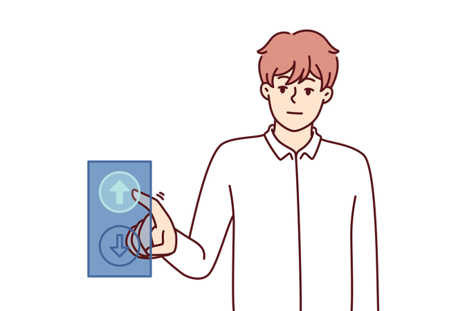 Un hombre presiona el botón hacia arriba mientras viaja en un ascensor  Ilustración