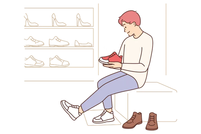 Hombre probándose zapatos en la zapatería  Ilustración