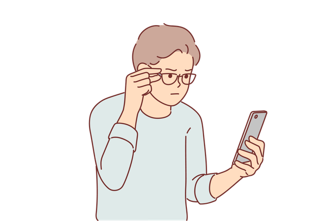 Problemas de visión del hombre y lee mensajes SMS en el teléfono  Ilustración