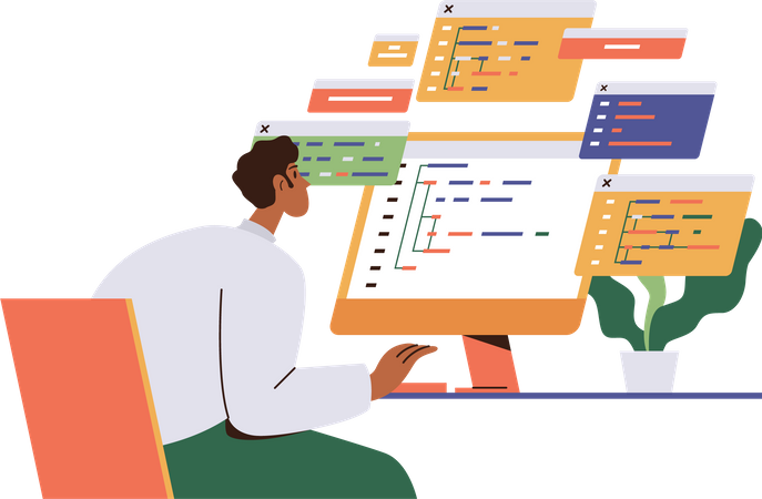 Hombre programador freelance escribiendo código  Illustration