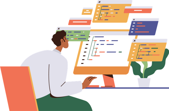 Hombre programador freelance escribiendo código  Illustration