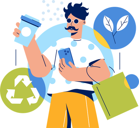 Hombre promocionando productos reciclados  Ilustración