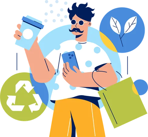 Hombre promocionando productos reciclados  Ilustración