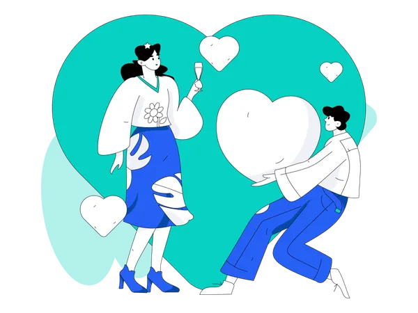 Hombre proponiendo matrimonio a una mujer el día de San Valentín  Ilustración