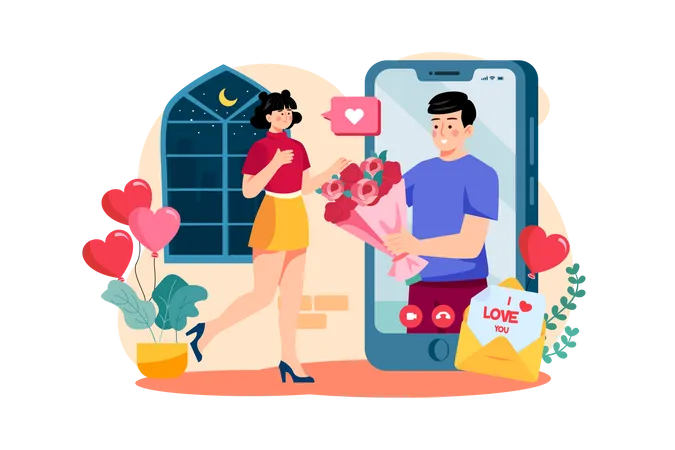 Hombre proponiendo matrimonio en línea a través de un teléfono inteligente  Ilustración