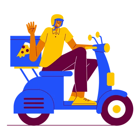 El hombre proporciona entrega de comida en scooter  Ilustración