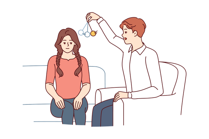 Un psicoterapeuta hipnotiza a una paciente usando un péndulo para resolver problemas psicológicos  Ilustración