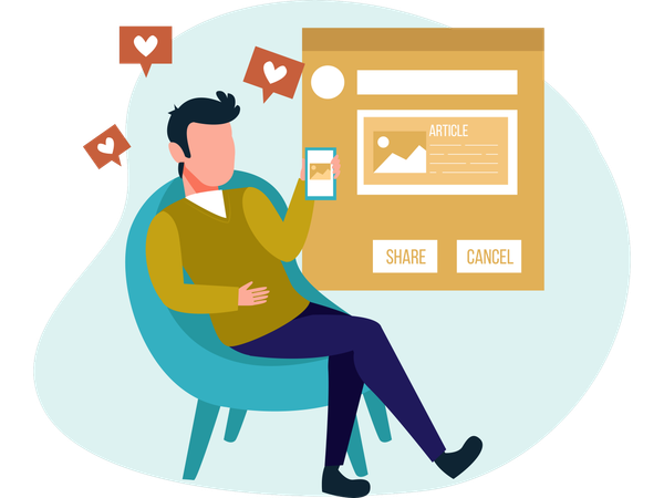 Hombre publicando un blog en una cuenta de redes sociales  Ilustración