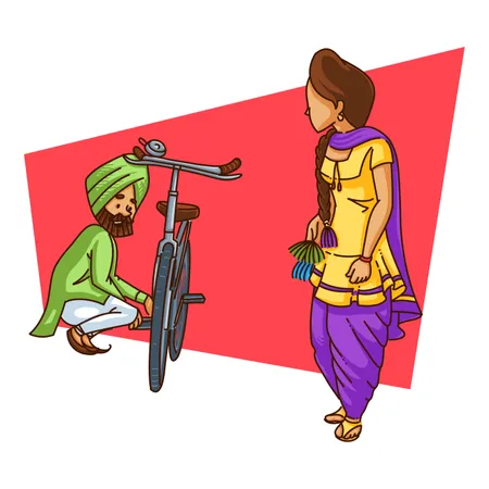 Hombre punjabi coqueteando con una chica punjabi en la aldea mientras repara su bicicleta  Ilustración