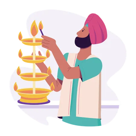 Hombre punjabi encendiendo una lámpara de pie  Ilustración